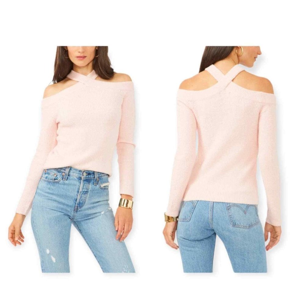 1. State | Cross Neck Cotton Blend Cold Shoulder Sweater Hot Pink EUC (M)